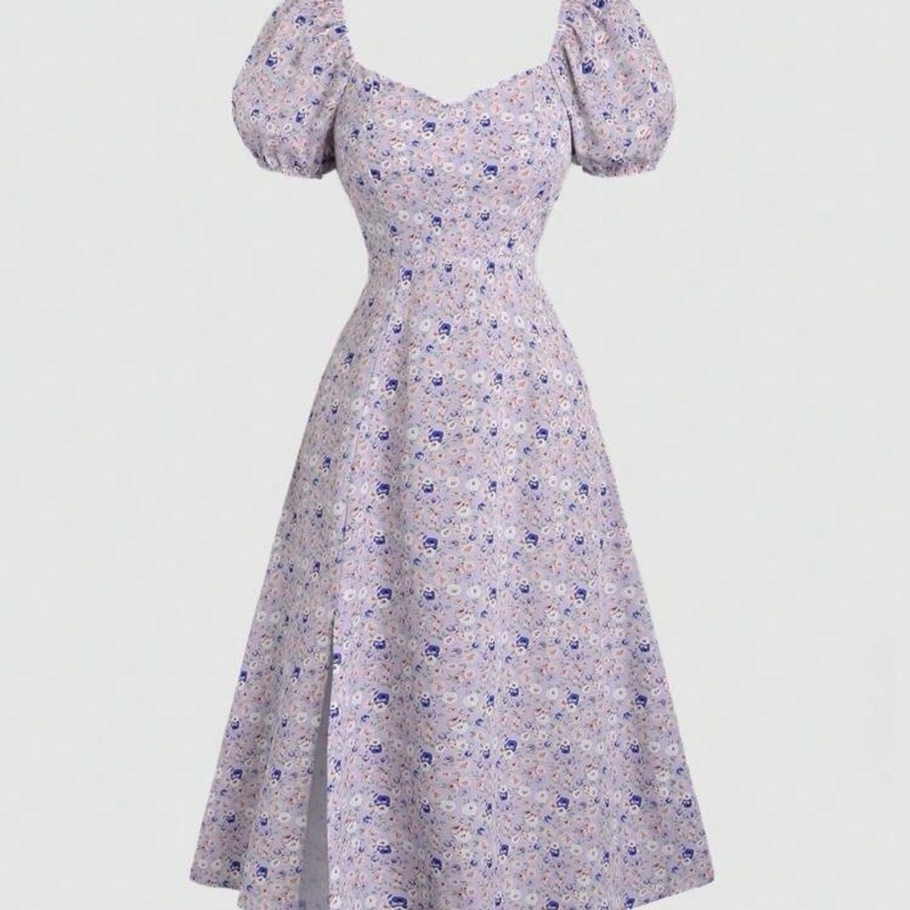 SHEIN Lilac Floral Puff Sleeve Midi Dress